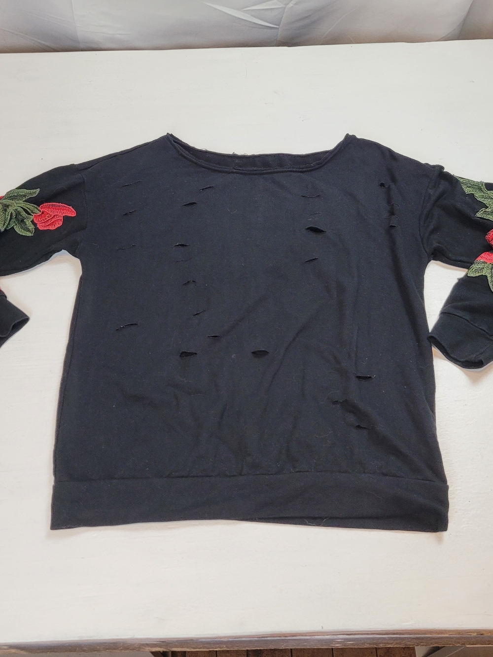 Black Distressed Sweatshirt with Rose Sleeve Appliqué
